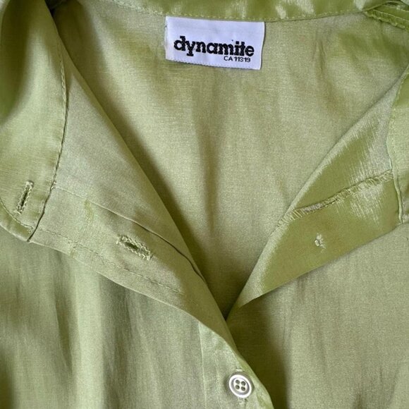 Vintage 90s Dynamite Lime Green Satin Shirt – Fitted Shimmery Button-Up (Size S) - Picture 5 of 8